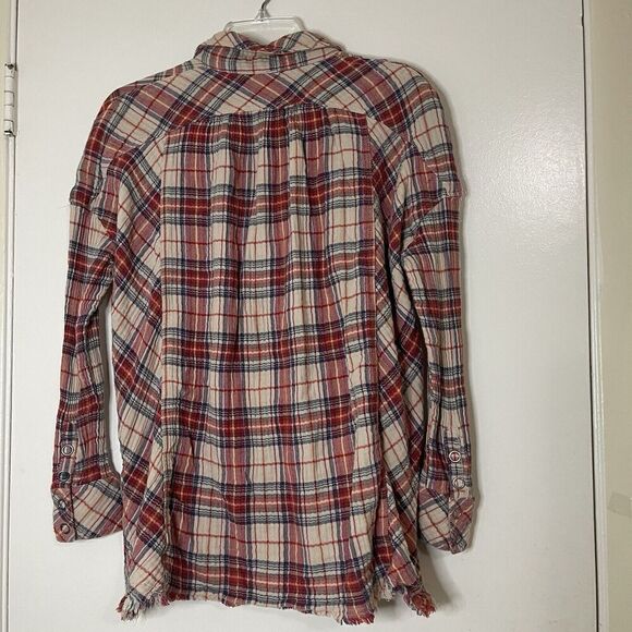 Free People Juniper Red plaid raw hem snap button front flannel shirt Small - Picture 5 of 6